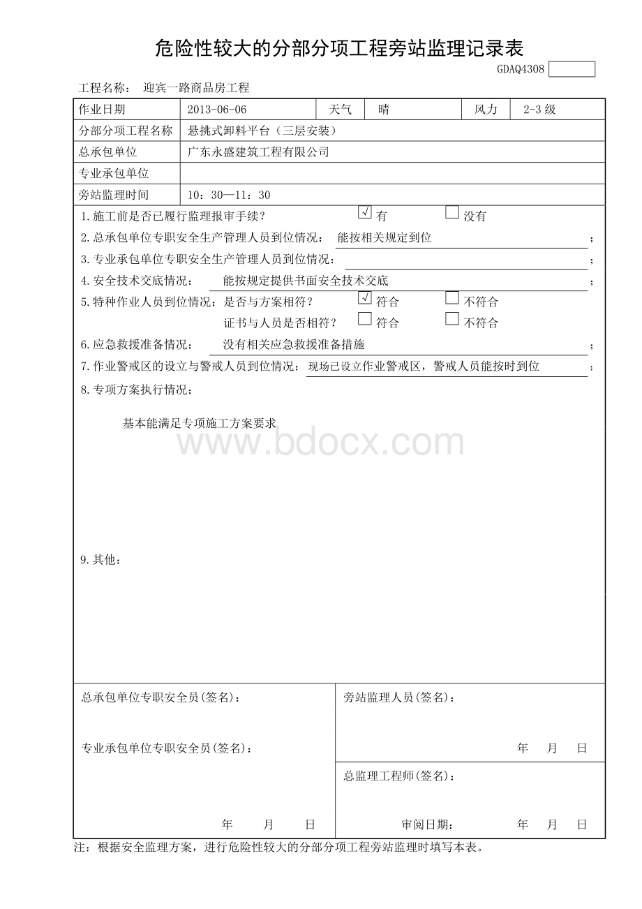 危险性较大的分部分项工程旁站监理记录表Word格式文档下载.doc