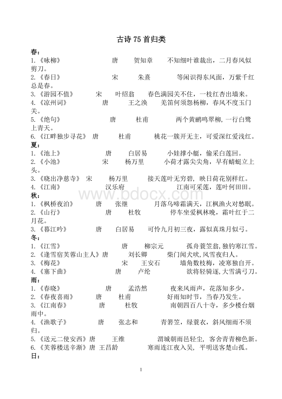 小学生必背古诗75首归类Word格式文档下载.doc