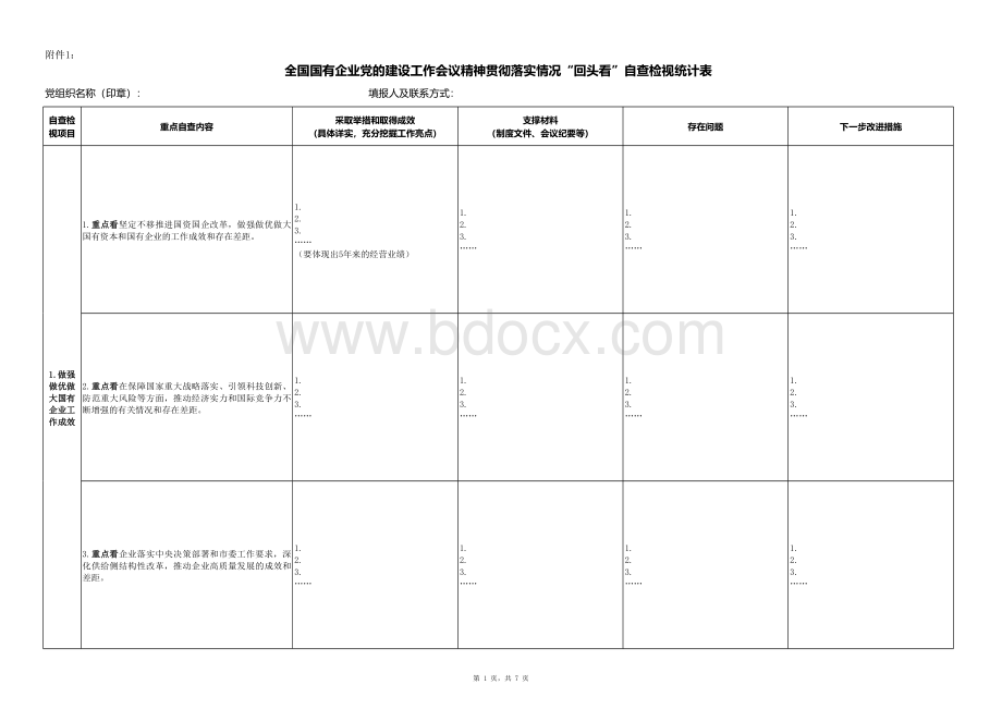 附件1：全国国有企业党的建设工作会议精神贯彻落实情况“回头看”自查检视统计表.xlsx