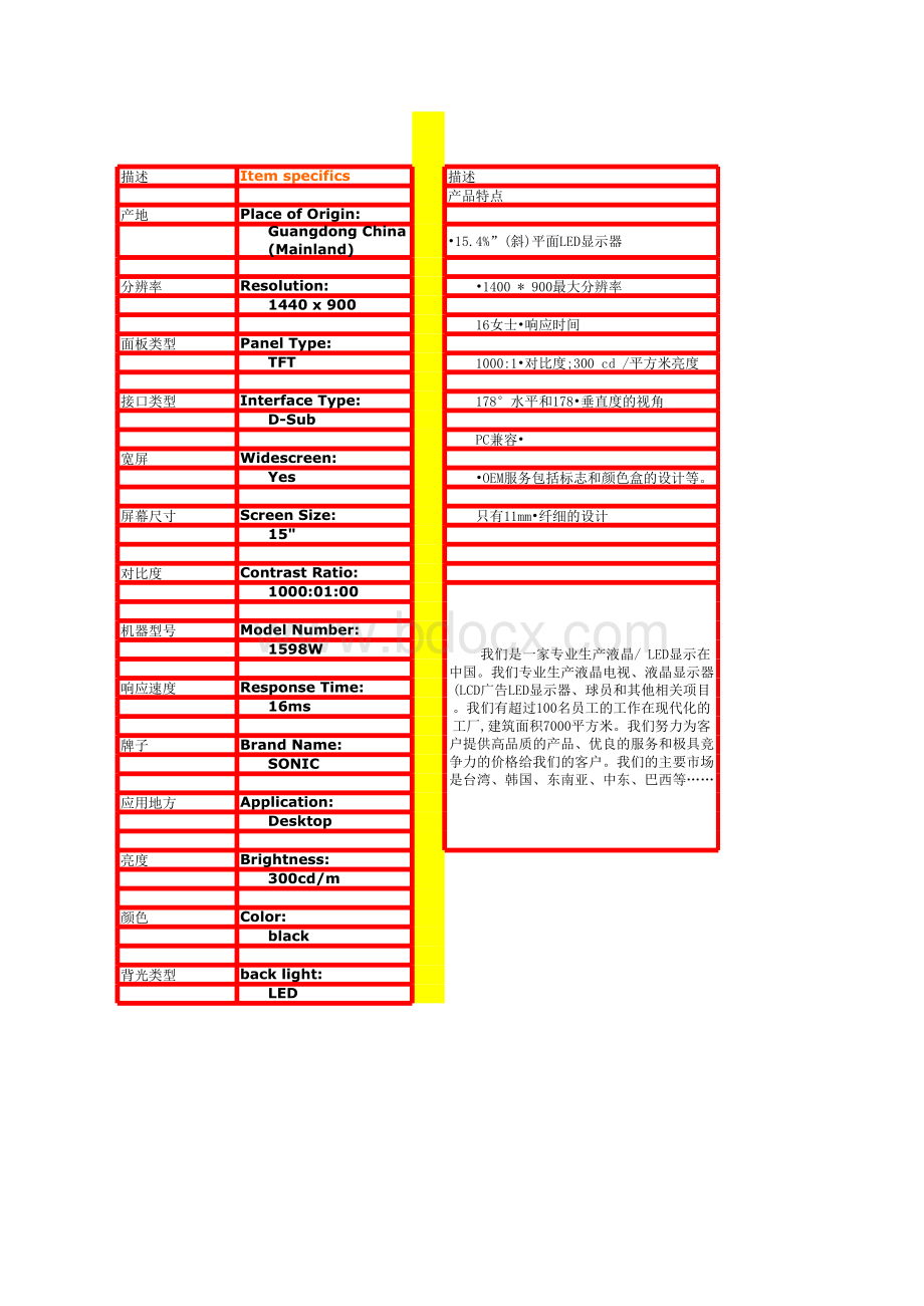 LED-LCD-液晶电视-液晶显示器-英文规格书-范例-范文.xls