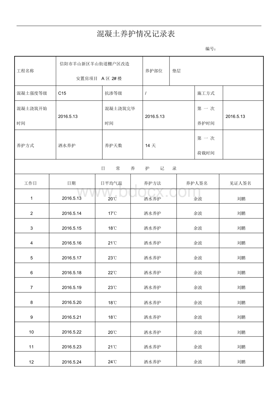 混凝土养护记录表Word文档格式.docx_第1页