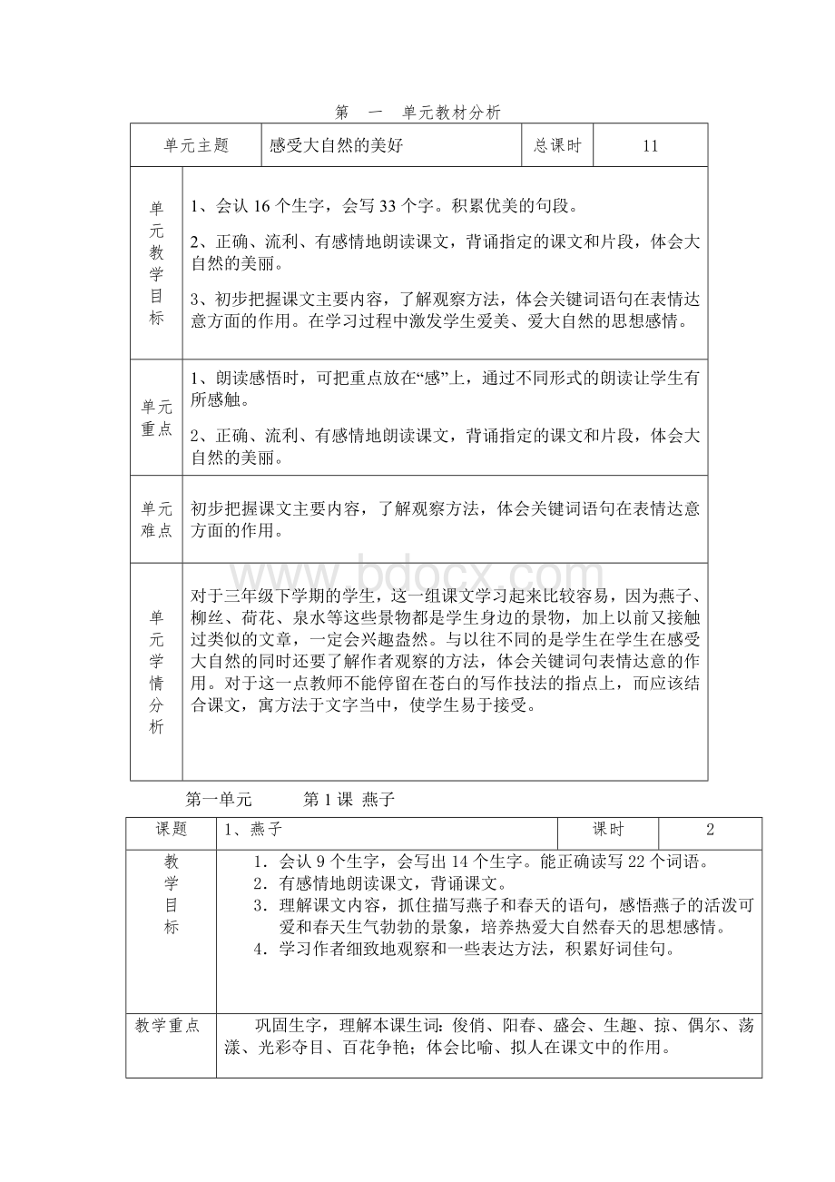 人教版三年级语文下册表格式全册教案设计.doc