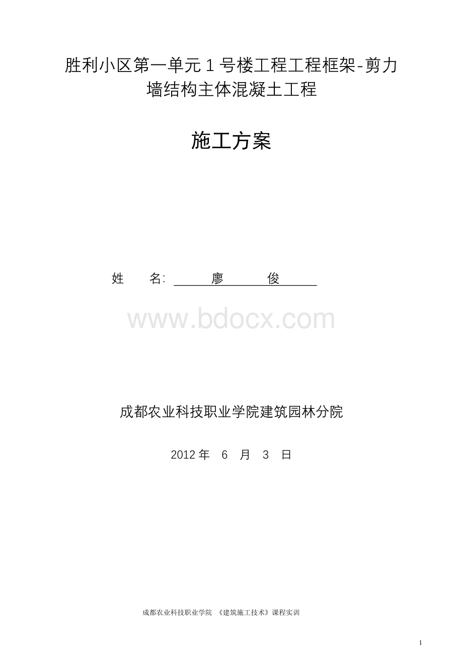 框架-剪力墙结构主体混凝土工程施工方案.doc