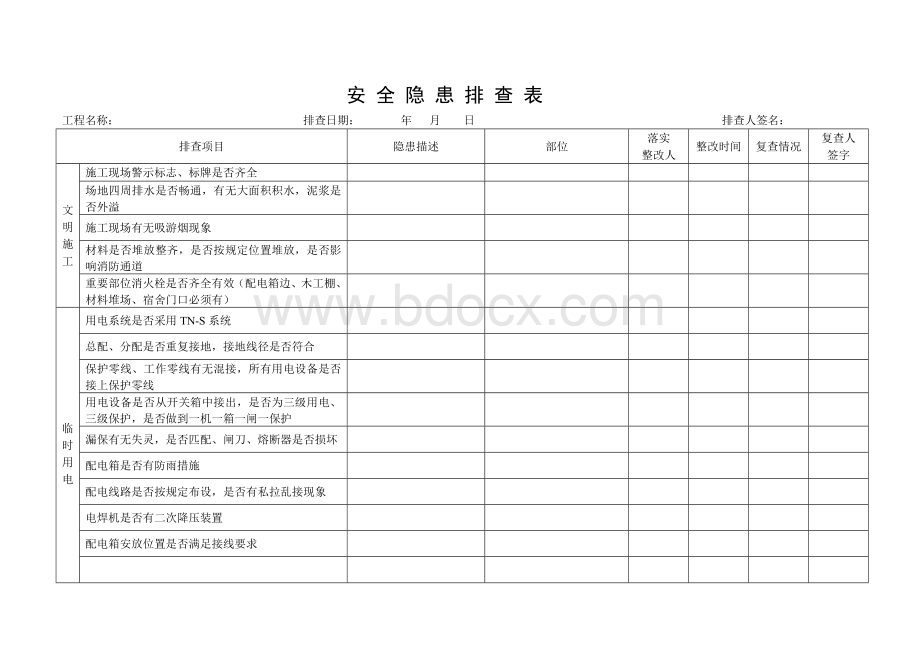 施工现场安全隐患排查表.doc