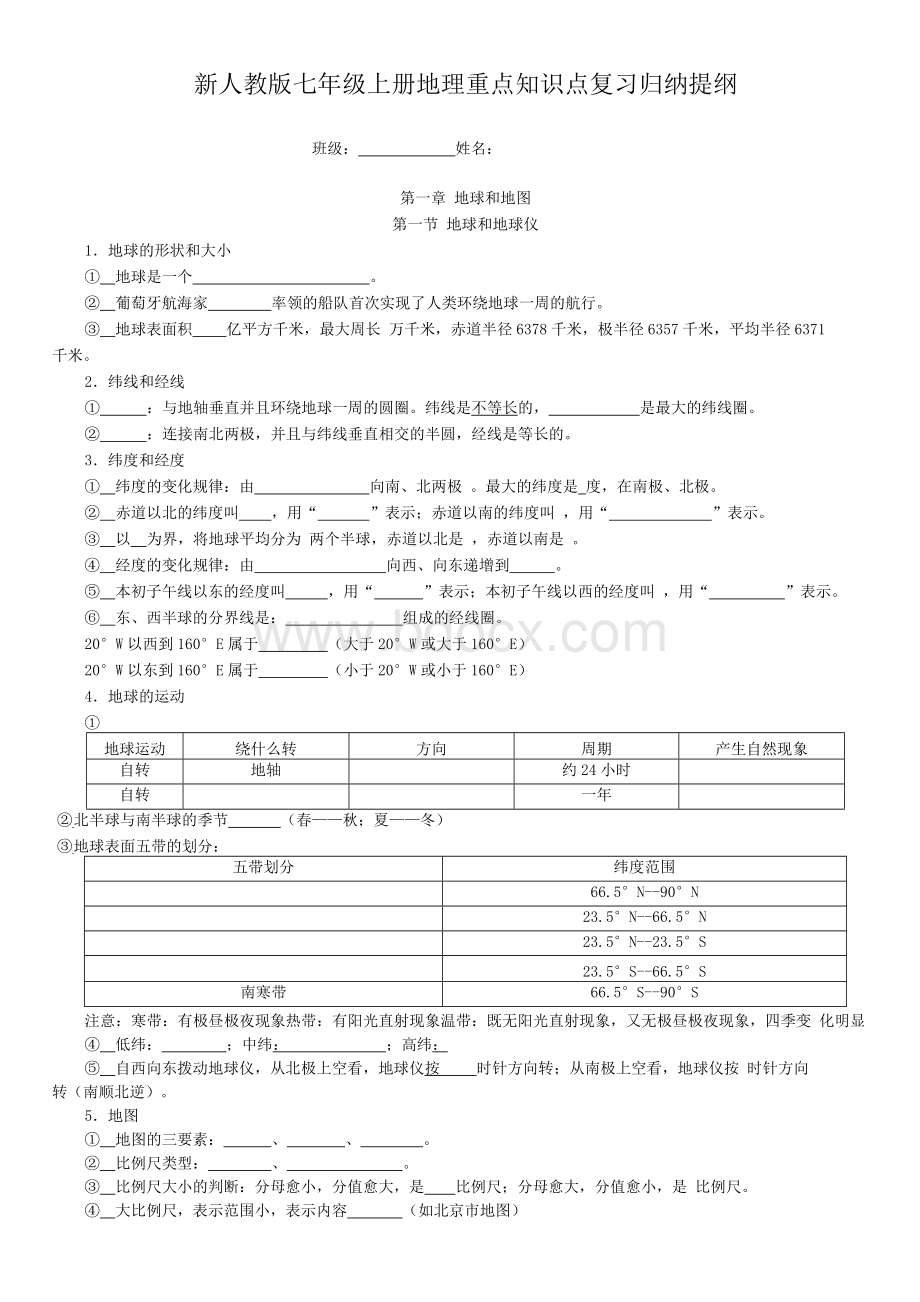 新人教版七年级上册地理重点知识点复习提纲填空版(含答案).docx