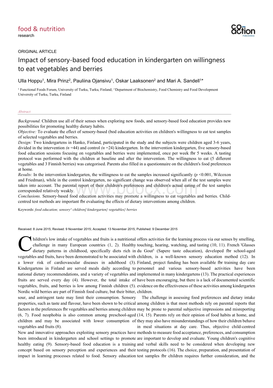 impact of is sensory-based food education in kindergarten on willingness to eat vegetables and berries.docx