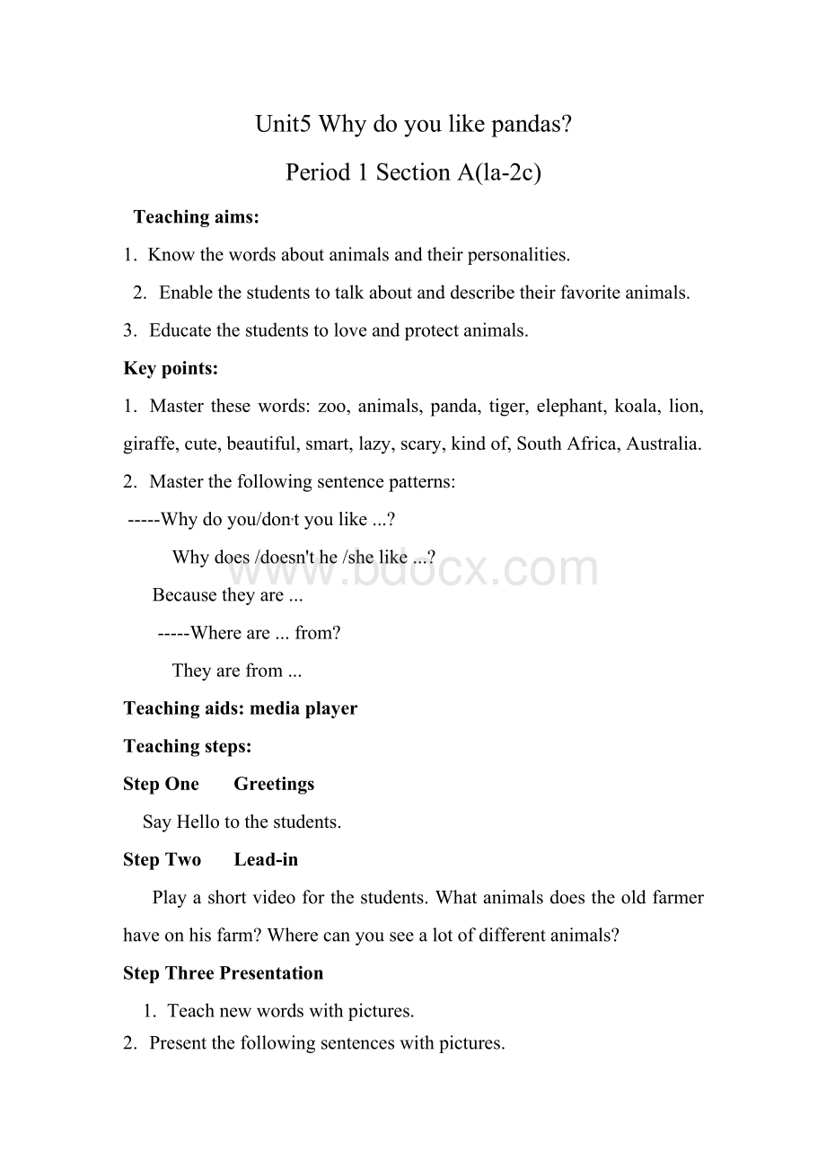 人教版新目标英语七年级下册Unit 5Why do you like pandas SectionA(1a-2c) 教案设计.docx