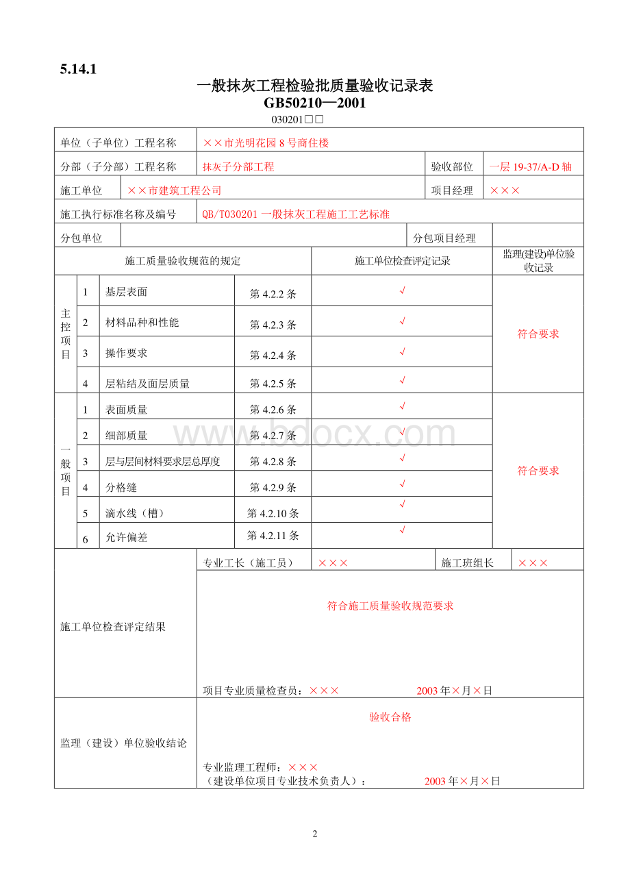 GB50210—2001一般抹灰工程检验批质量验收记录表Word下载.doc_第2页