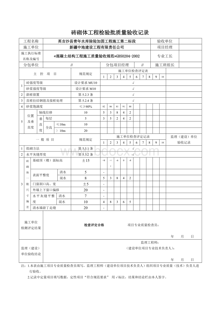 砖砌体工程检验批质量验收记录表.doc