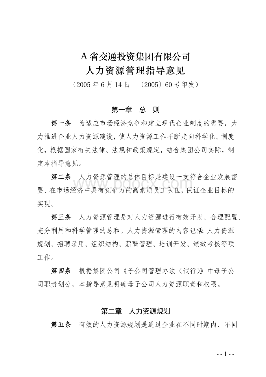 A集团有限公司人力资源管理指导意见文档格式.doc