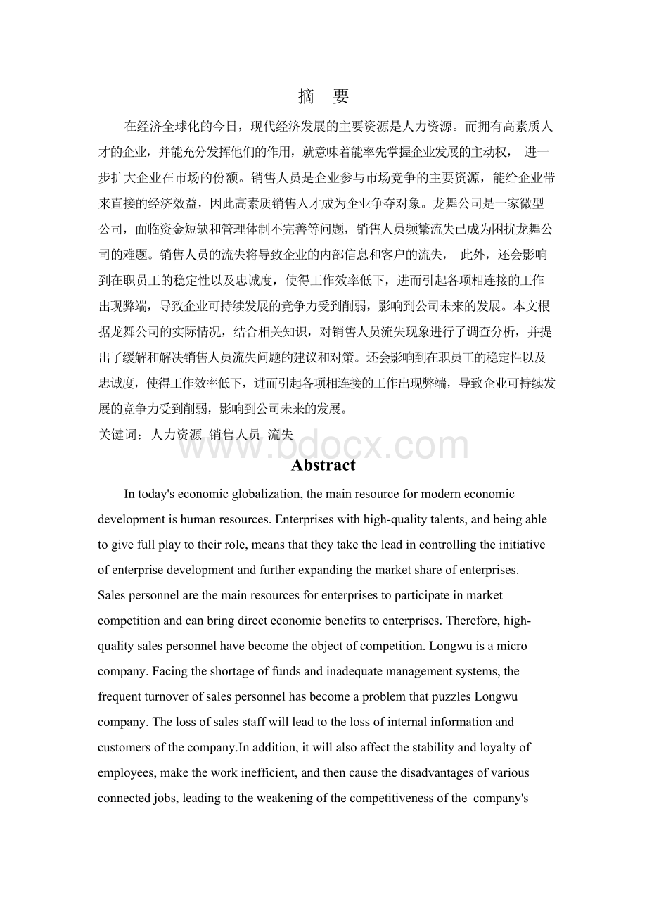 龙舞公司销售人员流失问题及对策.docx_第1页