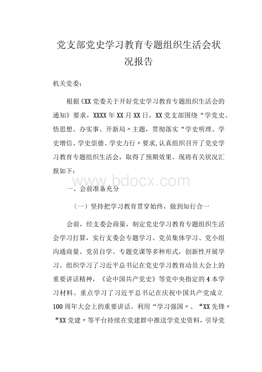 党支部党史学习教育专题组织生活会情况报告Word文档格式.docx_第1页