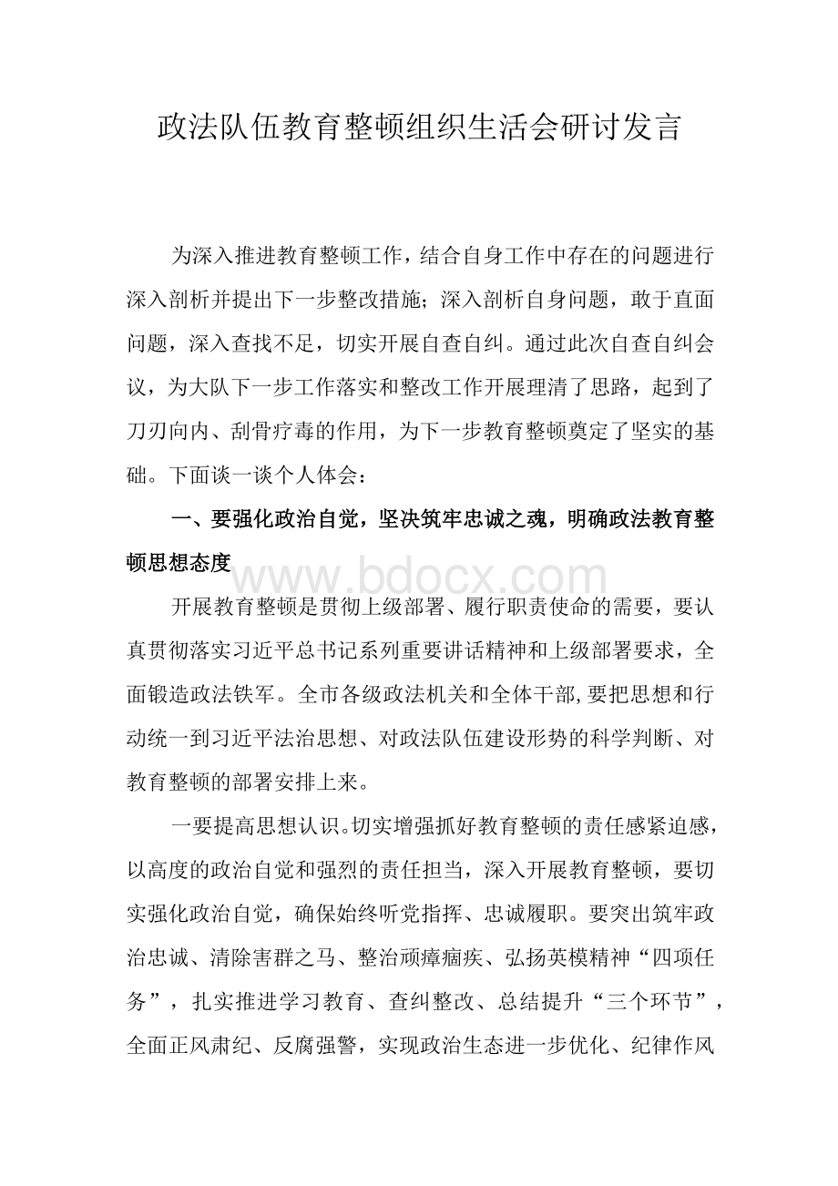 全国政法队伍教育整顿专题组织生活会发言Word文档格式.docx_第1页