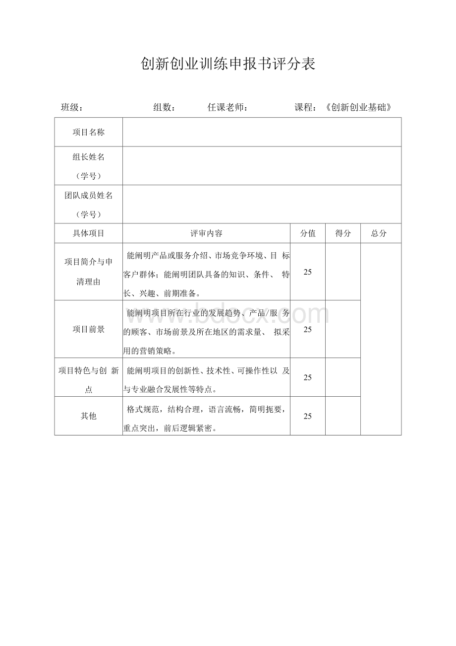 创新创业基础形成性考核项目创新创业训练申报书、评分表Word文档格式.docx