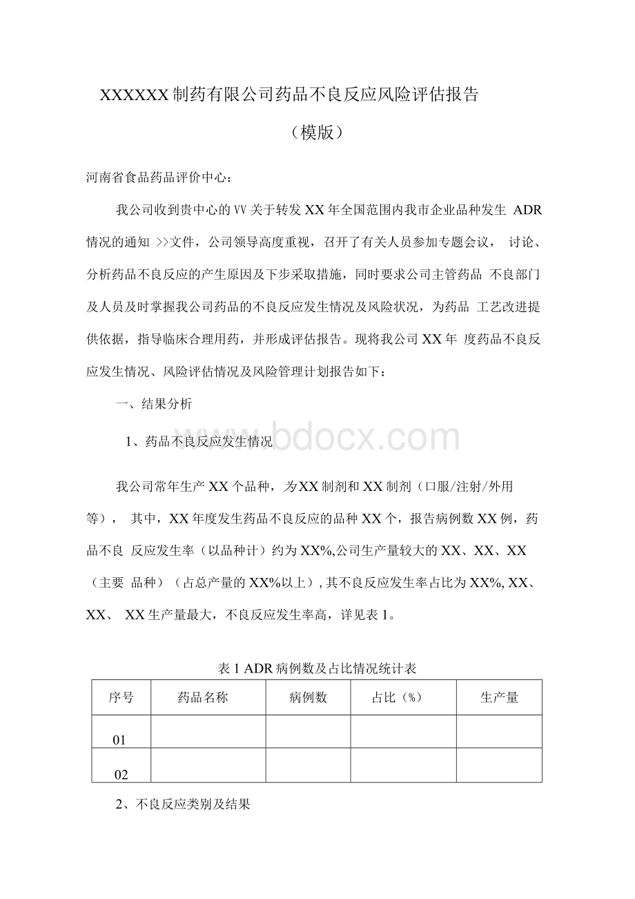 制药公司药品不良反应风险评估报告模版Word格式文档下载.docx