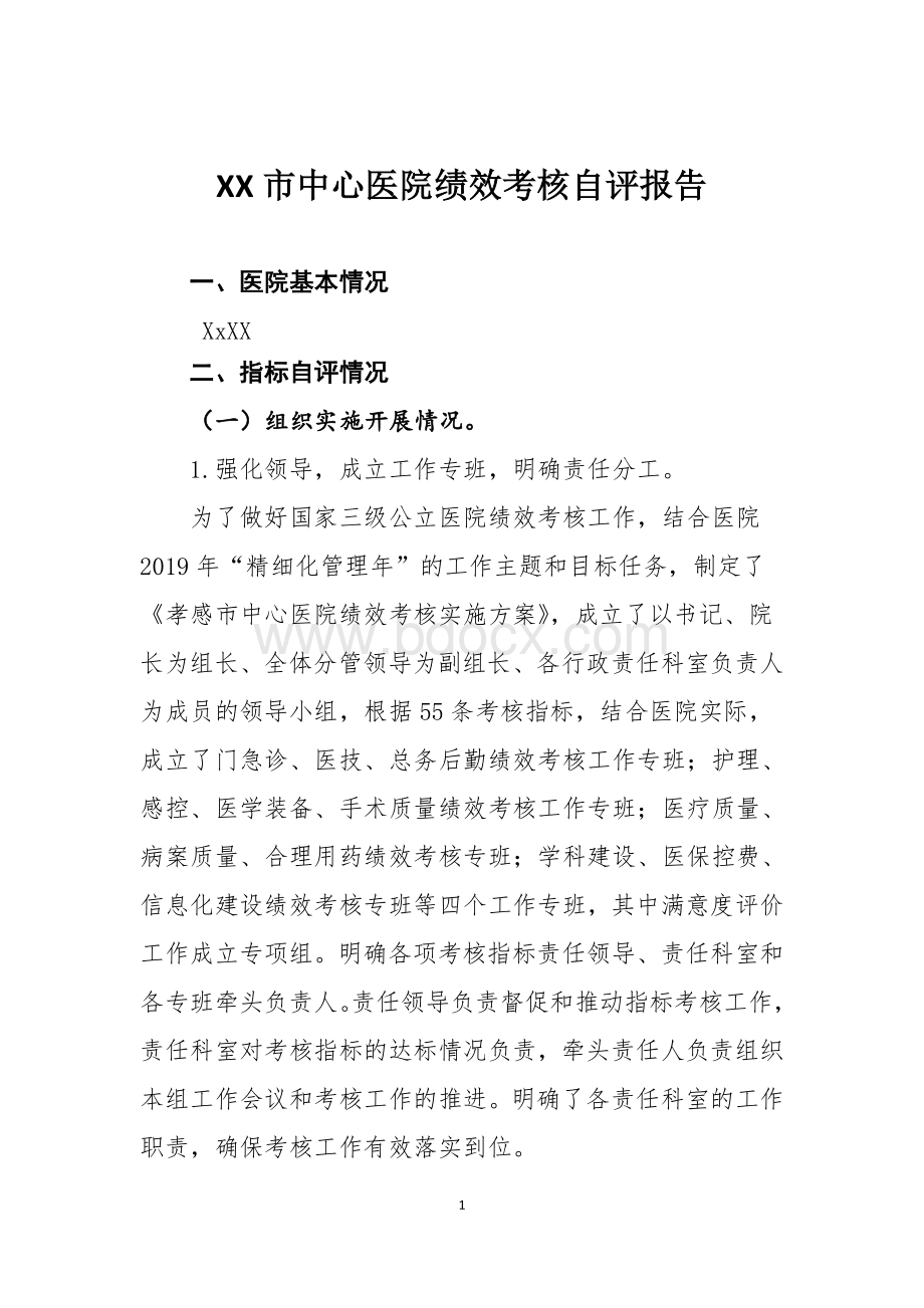 XX市中心医院绩效考核自评报告(BDWK)Word文档下载推荐.doc