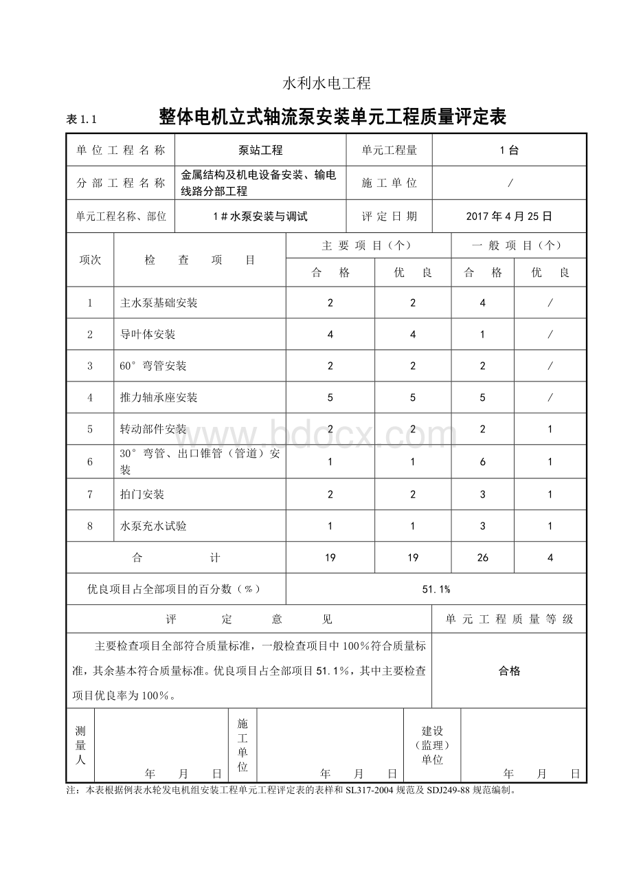 立式轴流泵机组安装单元工程质量评定表Word文件下载.doc