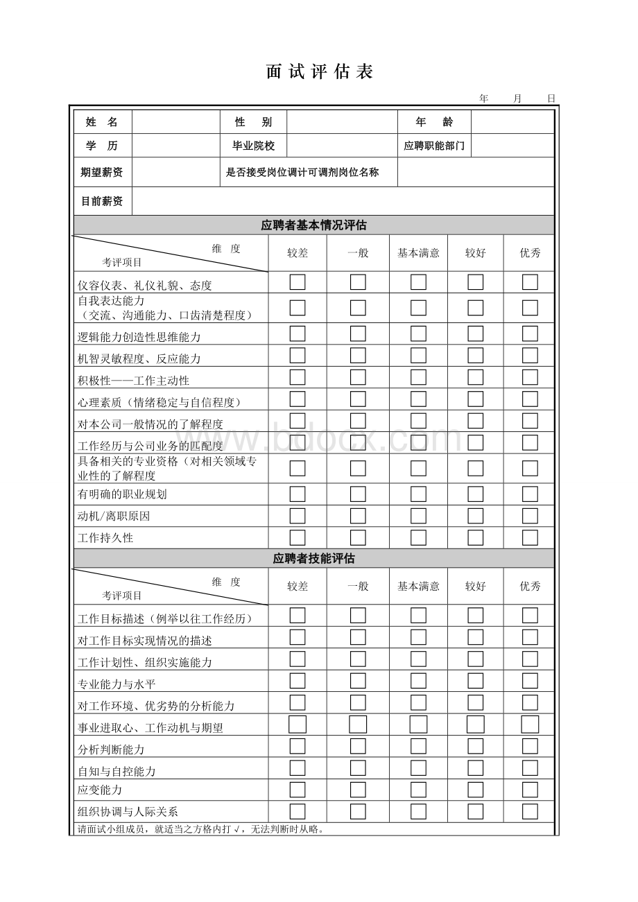 面试评估表(初试、复试).doc_第1页