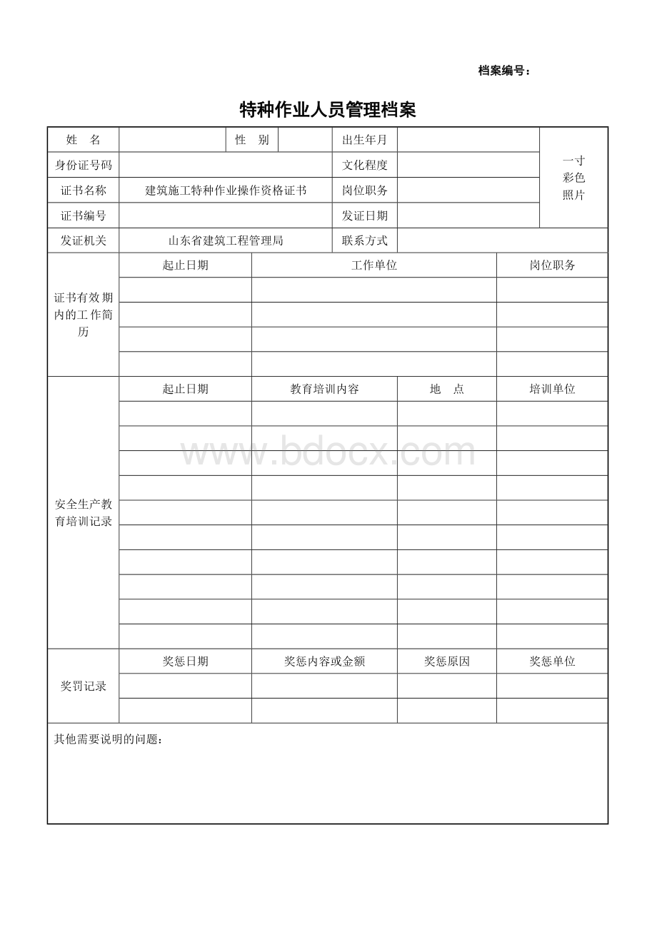 特种作业人员档案样表Word文件下载.doc