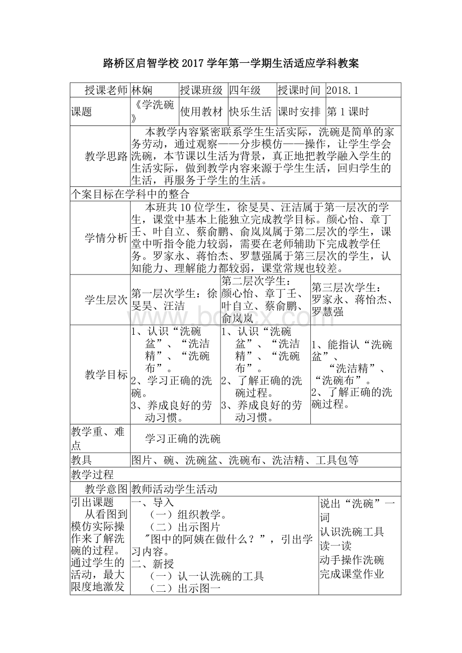 培智教育四年级（上）生活适应《学洗碗》教案.docx