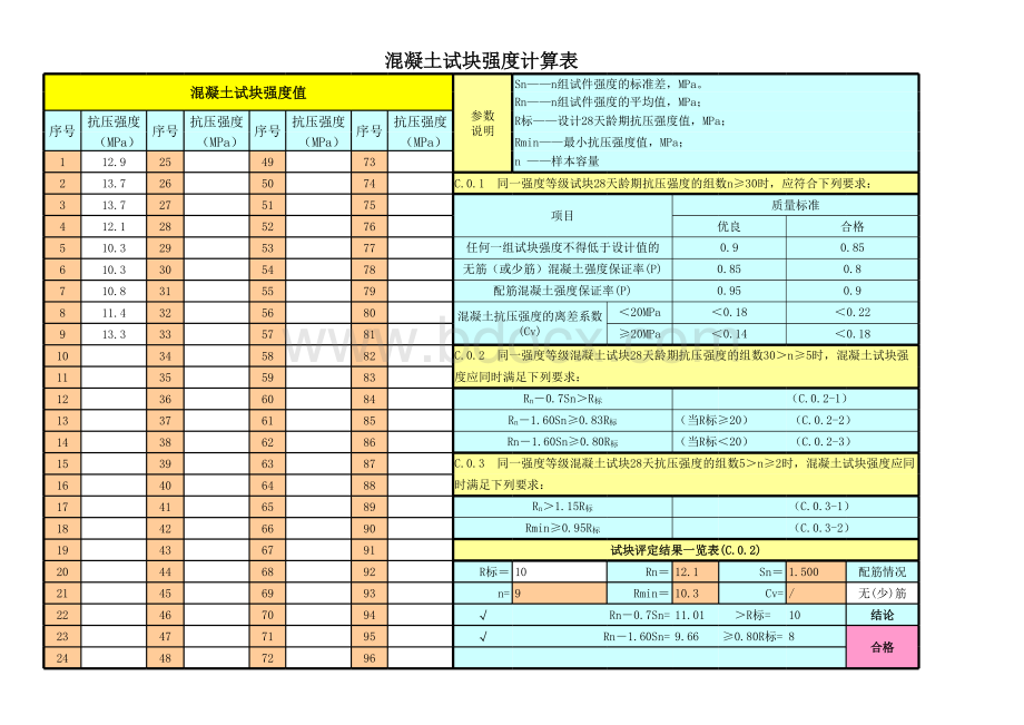 水利混凝土试块强度计算评定表表格文件下载.xls