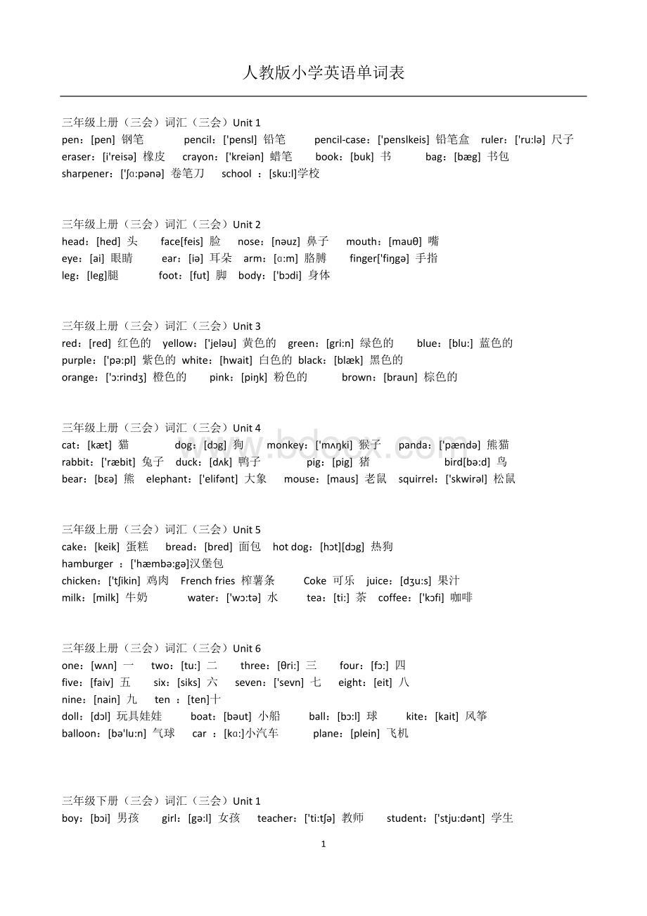 人教版小学三到六年级英语单词大全(带音标).doc