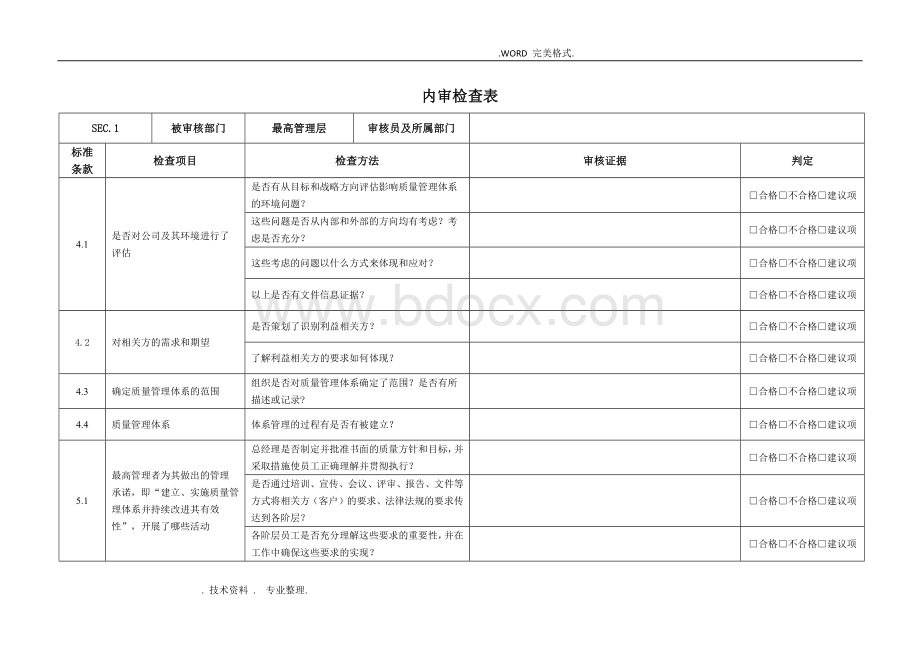 ISO9001-2016年各部门内审检查表Word格式.doc_第1页