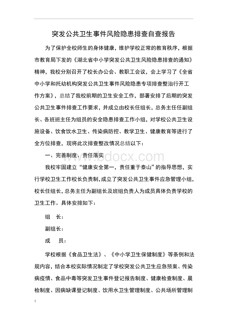 学校突发公共卫生事件风险隐患排查自查报告文档格式.doc_第1页