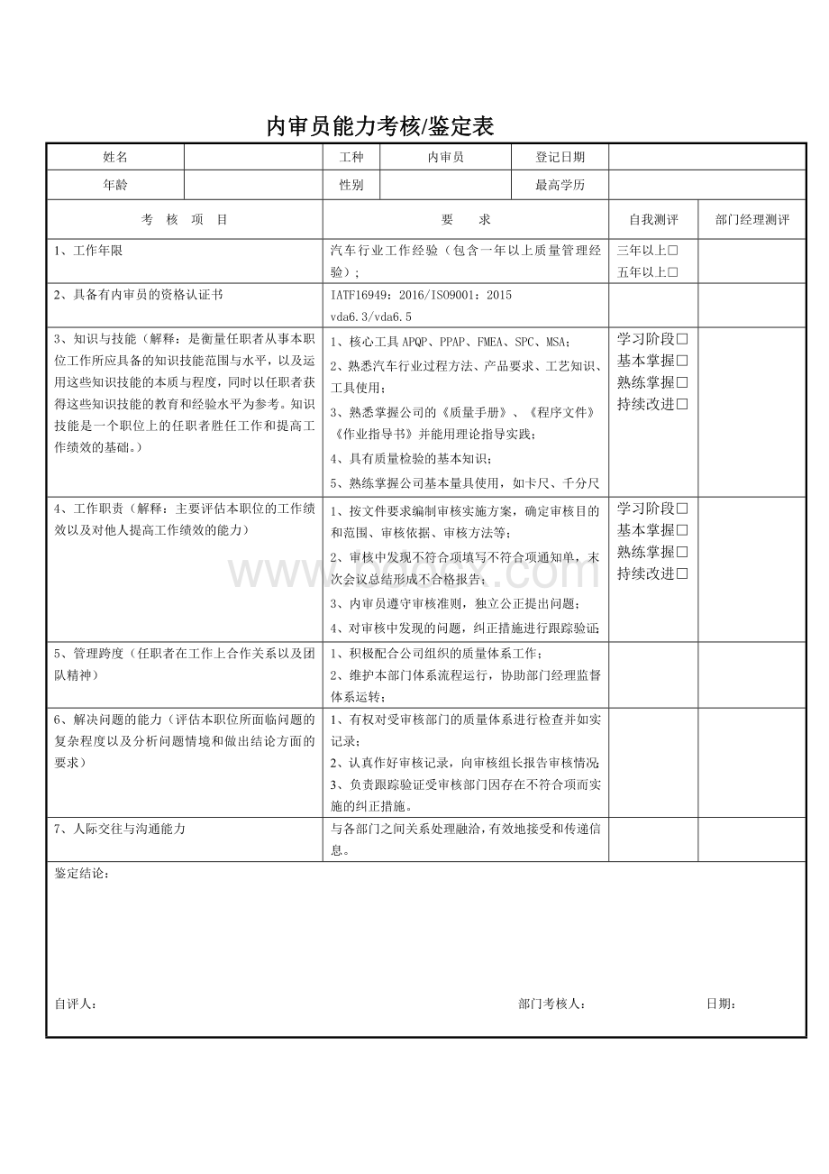 内审员能力考核鉴定表.docx_第1页