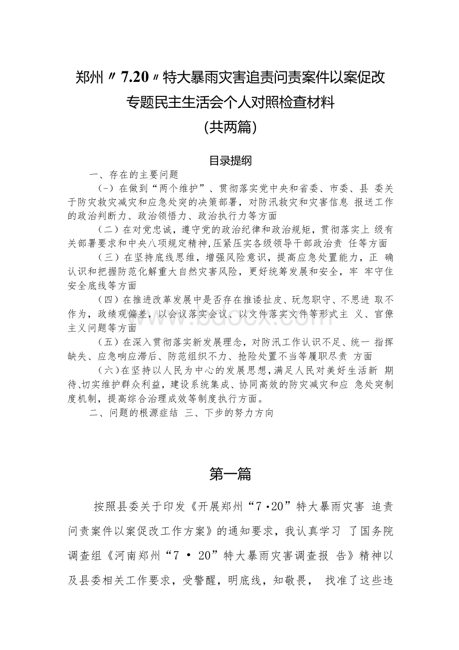 郑州“7.20”特大暴雨灾害追责问责案件以案促改专题民主生活会个人对照检查材料（共两篇）Word文档下载推荐.docx