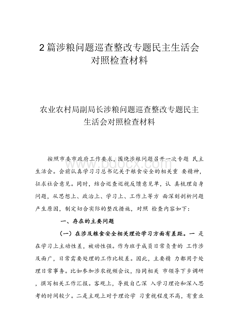 2篇涉粮问题巡查整改专题民主生活会对照检查材料Word格式文档下载.docx_第1页