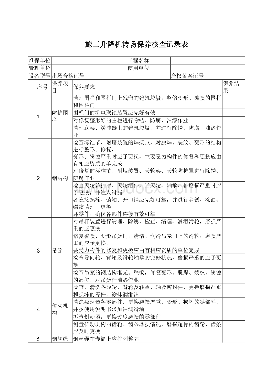 施工升降机转场保养核查记录表文档格式.docx_第1页