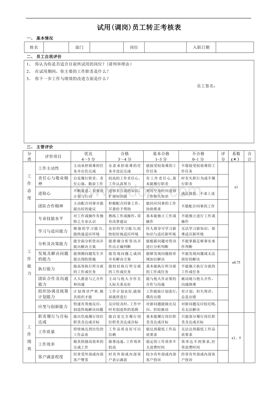 管理人员转正考核表Word文档格式.doc