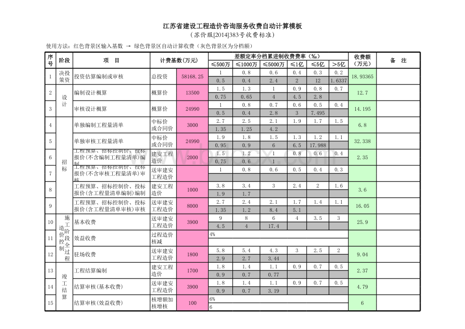 江苏省建设工程造价咨询服务收费自动计算模板(苏价服[2014]383号)表格文件下载.xls