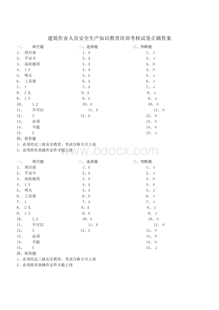 施工作业人员安全生产知识教育培训考核试卷及答案Word文档格式.doc_第3页