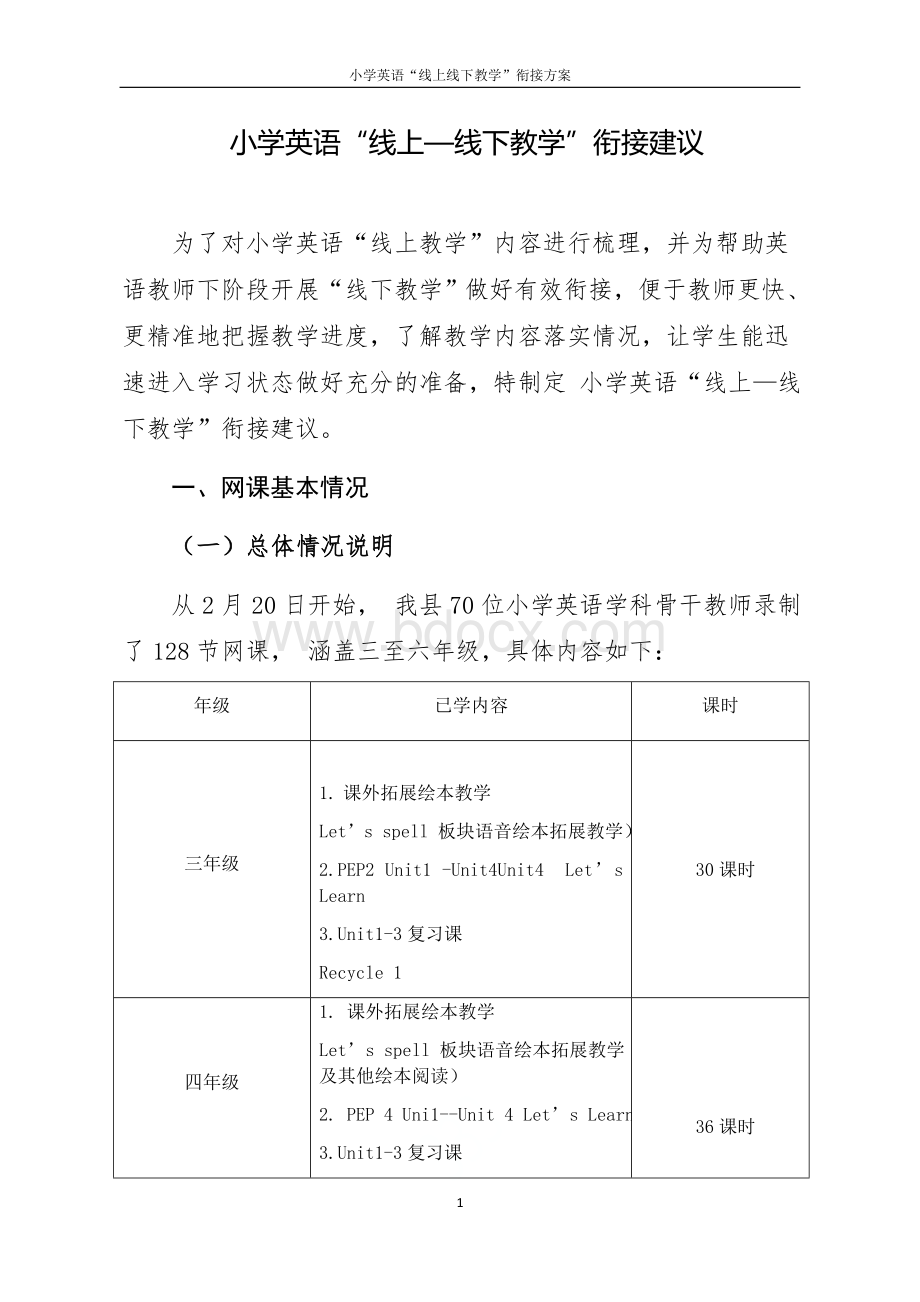 小学英语“线上线下教学”衔接方案Word文档格式.docx