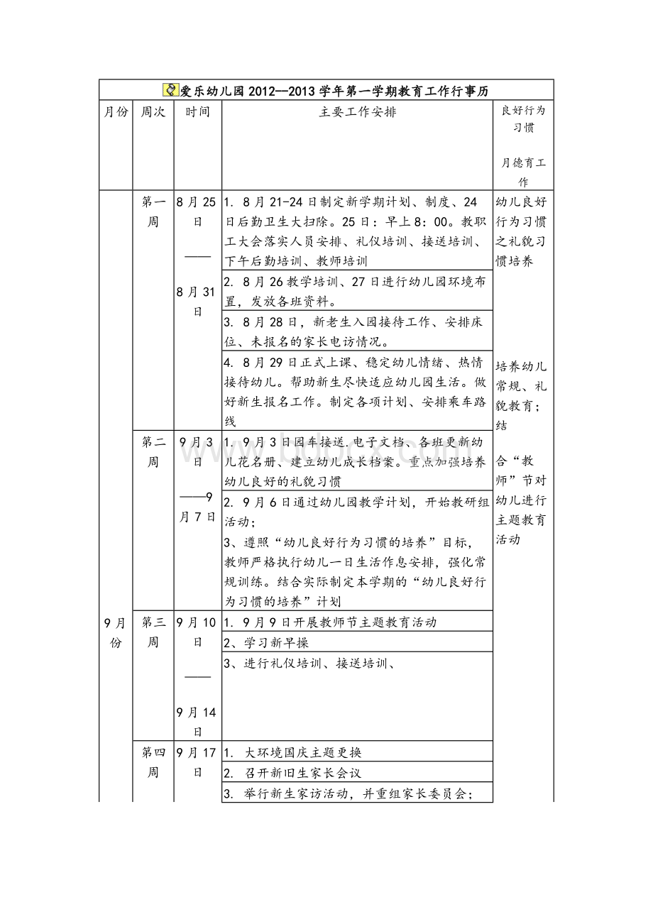 幼儿园第一学期行事历.docx