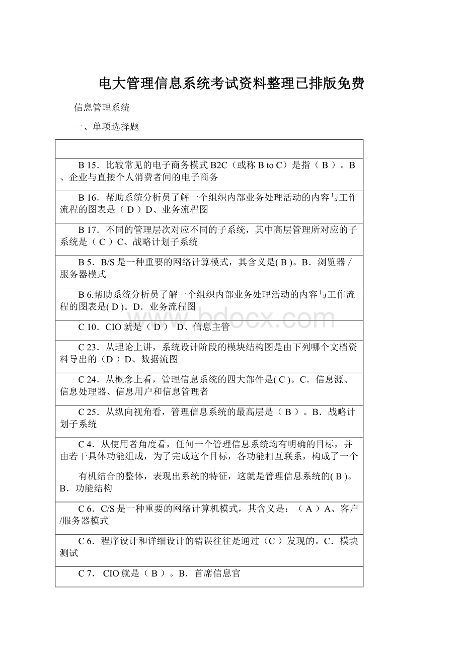 电大管理信息系统考试资料整理已排版免费文档格式.docx