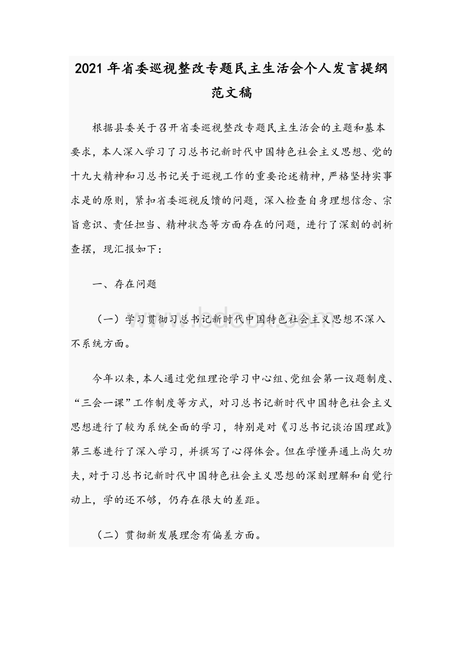 2021年省委巡视整改专题民主生活会个人发言提纲范文稿文档格式.docx_第1页