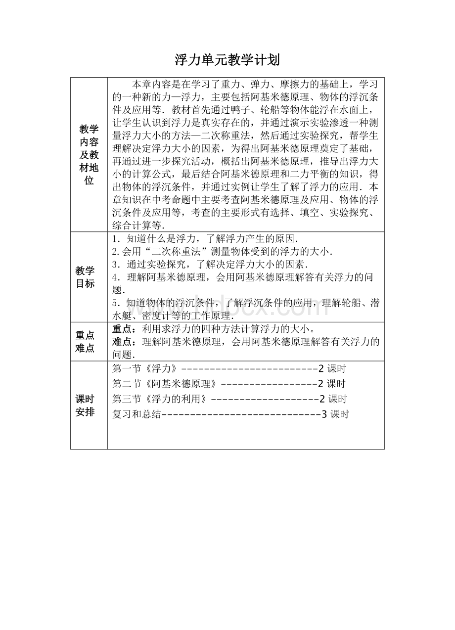 浮力单元教学计划.doc