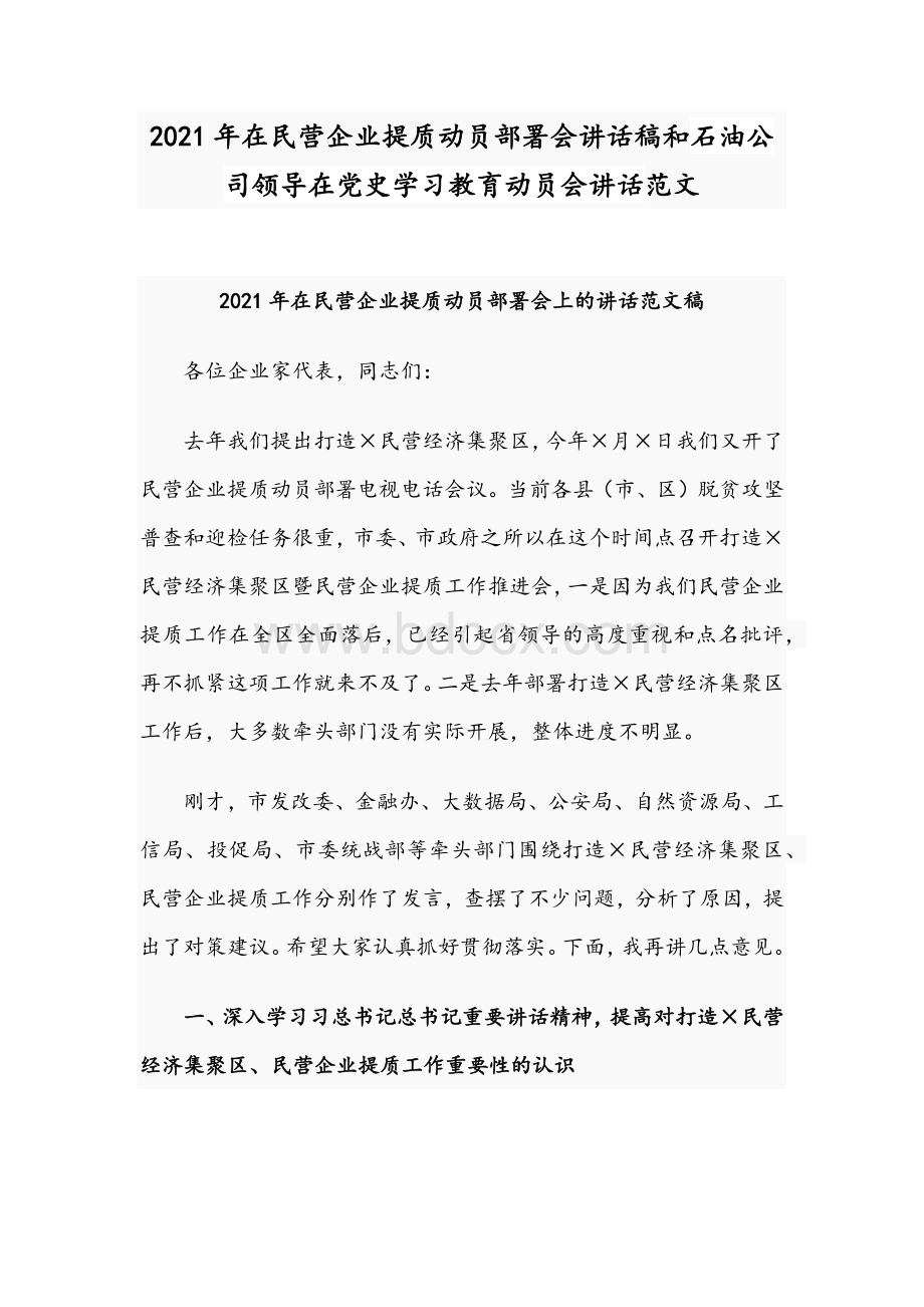 2021年在民营企业提质动员部署会讲话稿和石油公司领导在党史学习教育动员会讲话范文.docx_第1页