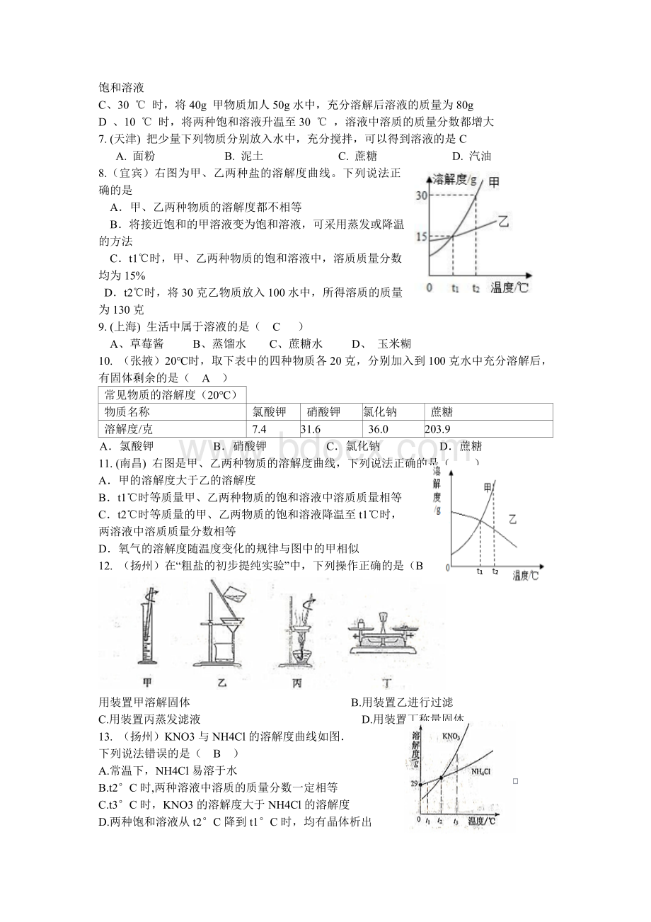 中考化学试题溶液和溶解度曲线汇编.doc_第2页