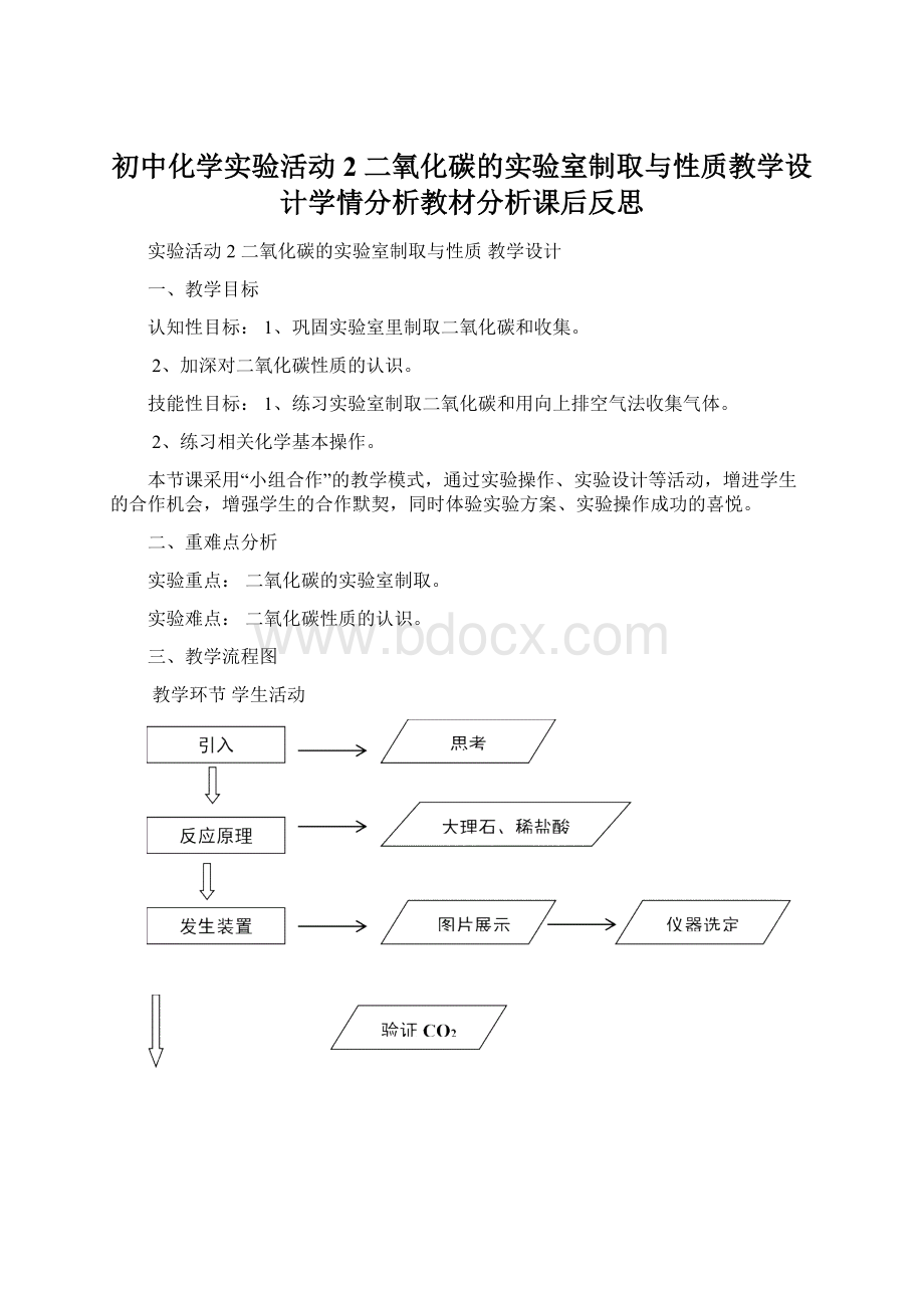 初中化学实验活动2二氧化碳的实验室制取与性质教学设计学情分析教材分析课后反思.docx