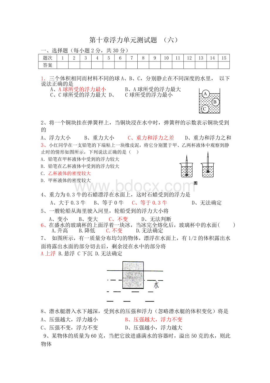 第十章浮力单元测试题Word格式.doc