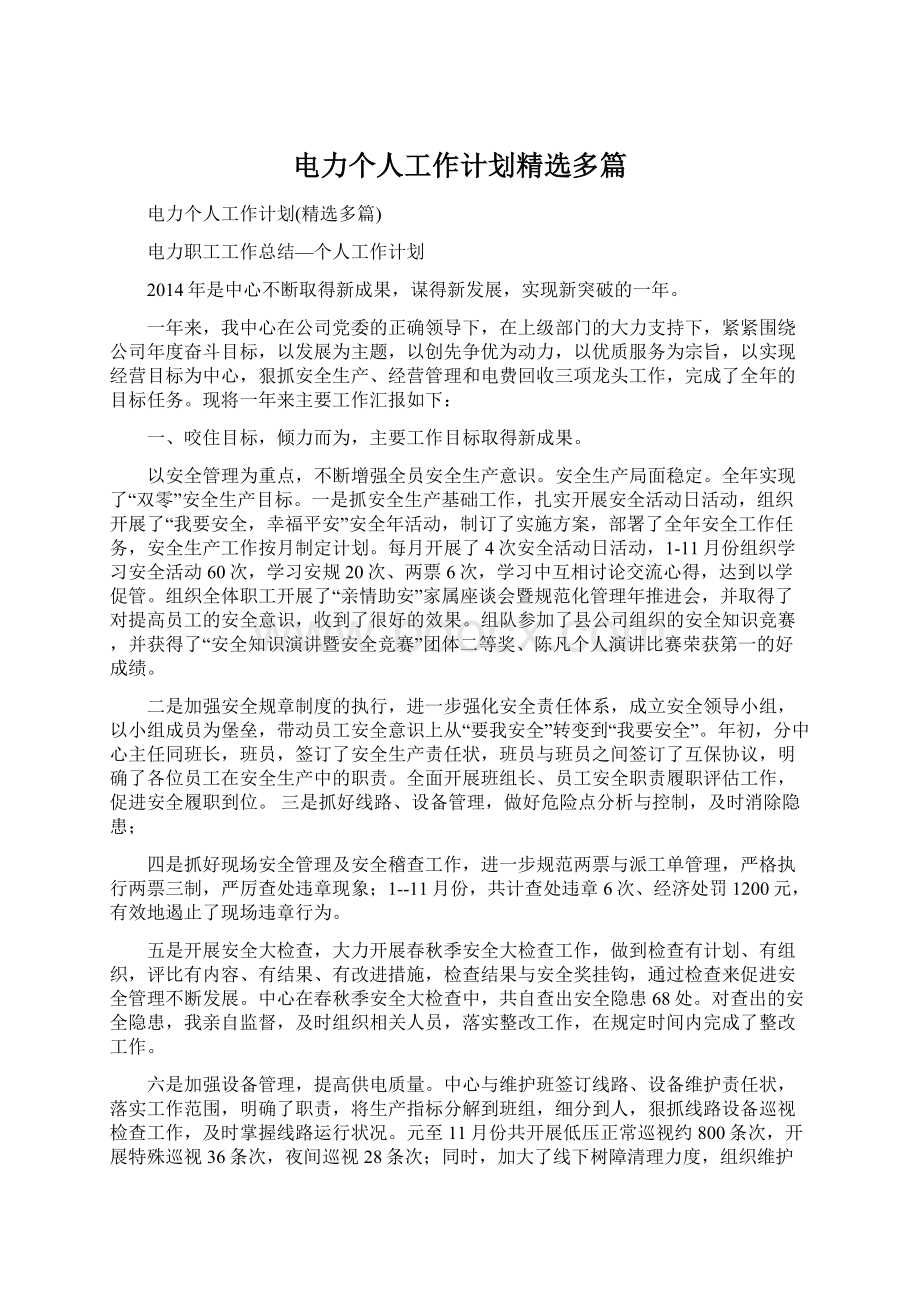 电力个人工作计划精选多篇文档格式.docx