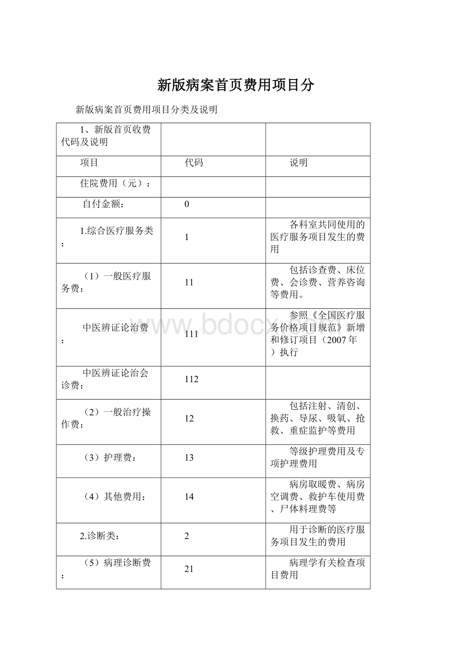 新版病案首页费用项目分Word下载.docx