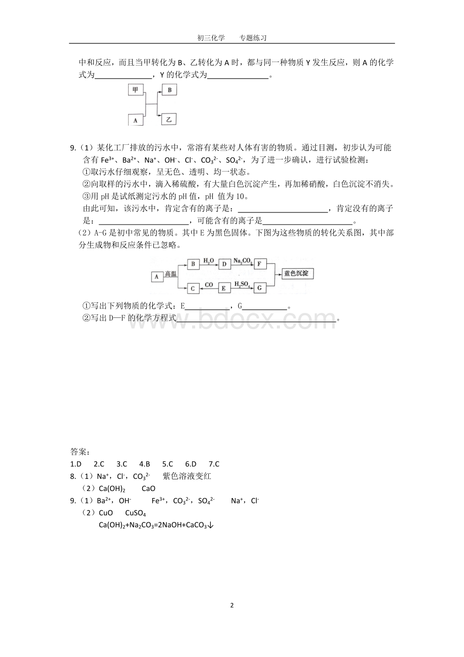 初三化学中考专题(8)离子(物质)共存练习及答案.docx_第2页