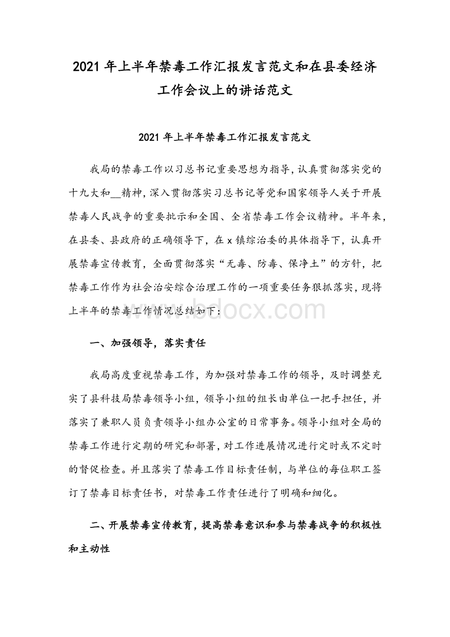 2021年上半年禁毒工作汇报发言范文和在县委经济工作会议上的讲话范文.docx