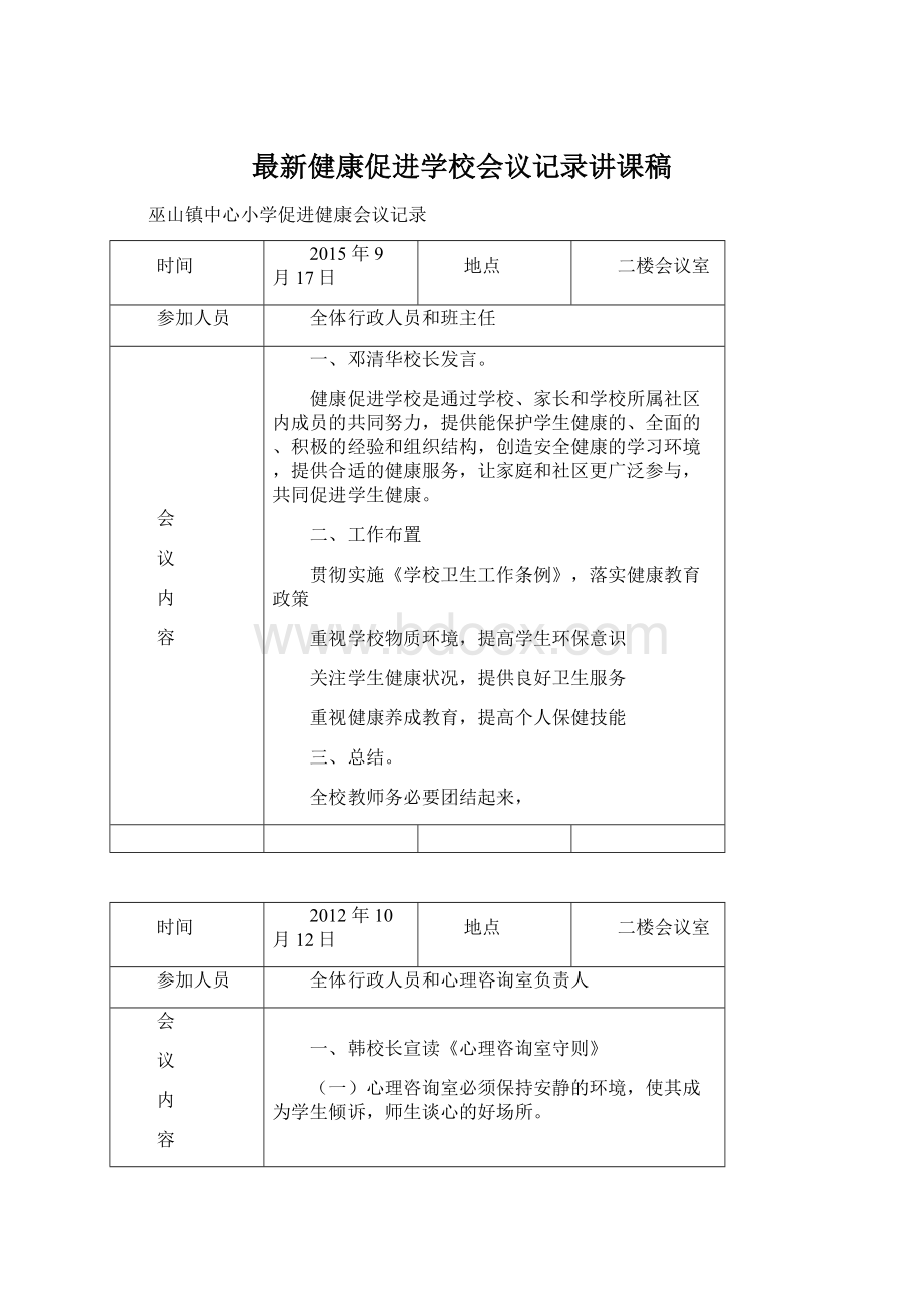 最新健康促进学校会议记录讲课稿Word文档格式.docx