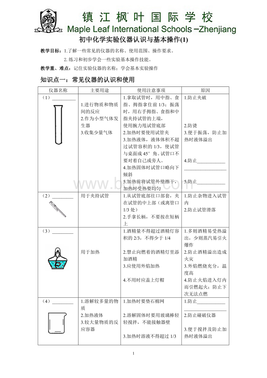 初中化学实验仪器认识与基本操作学生版Word文档格式.doc_第1页